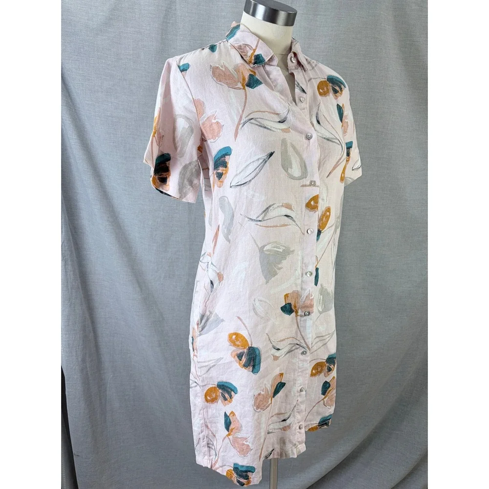Rachel Zoe Pink Floral 100% Linen Button Front Shirt Dress with‎ Pockets XS